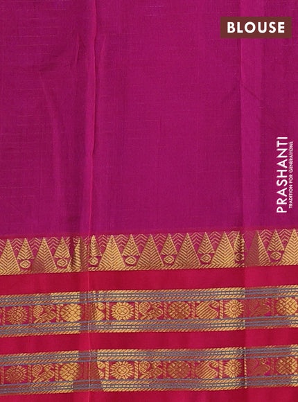 Silk cotton saree blue and pink with allover small zari checked pattern and temple design zari woven korvai border