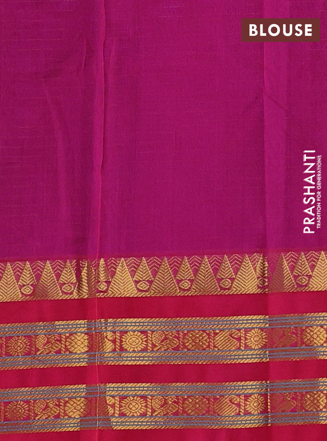 Silk cotton saree blue and pink with allover small zari checked pattern and temple design zari woven korvai border