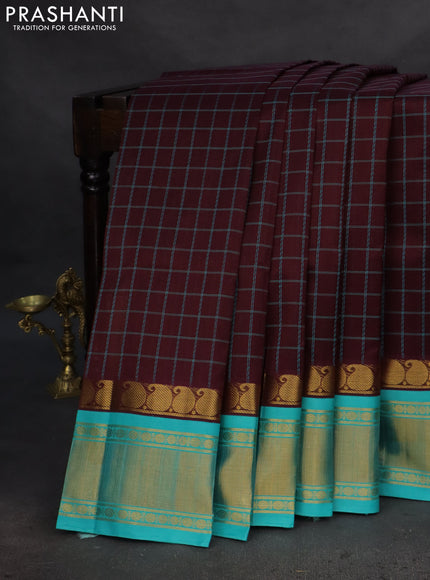 Silk cotton saree deep maroon and teal blue with allover thread woven checked pattern and paisley zari woven korvai border