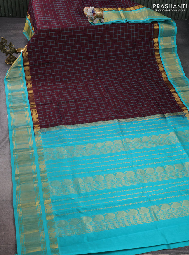 Silk cotton saree deep maroon and teal blue with allover thread woven checked pattern and paisley zari woven korvai border