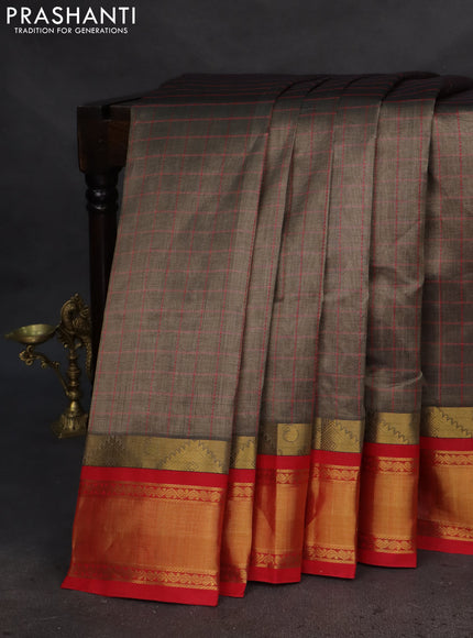 Silk cotton saree grey and red with allover thread woven checked pattern and zari woven korvai border
