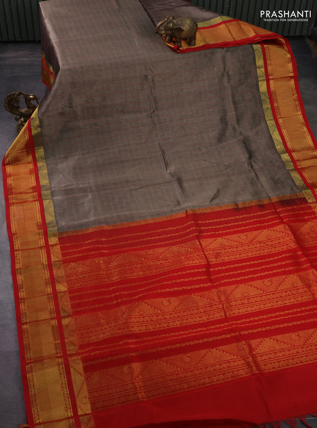 Silk cotton saree grey and red with allover thread woven checked pattern and zari woven korvai border