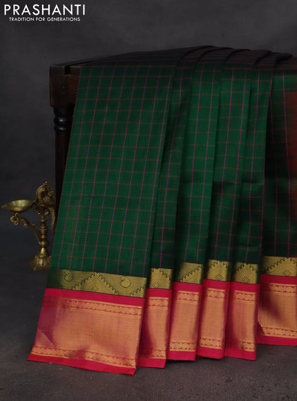 Silk cotton saree green and pink with allover thread woven checked pattern and zari woven korvai border