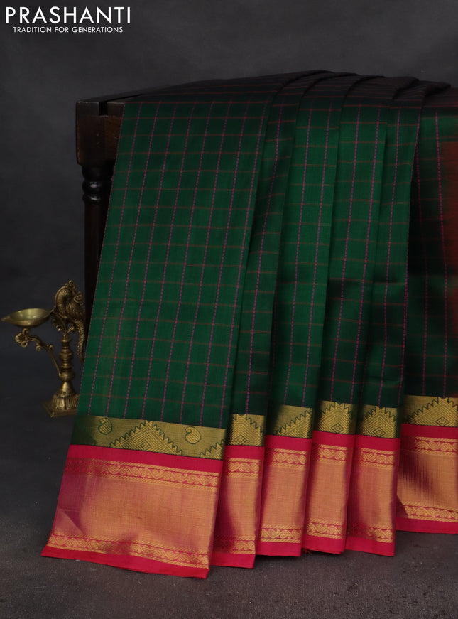 Silk cotton saree green and pink with allover thread woven checked pattern and zari woven korvai border