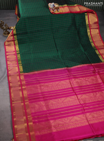 Silk cotton saree green and pink with allover thread woven checked pattern and zari woven korvai border
