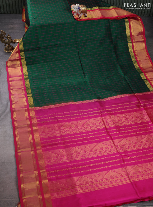Silk cotton saree green and pink with allover thread woven checked pattern and zari woven korvai border