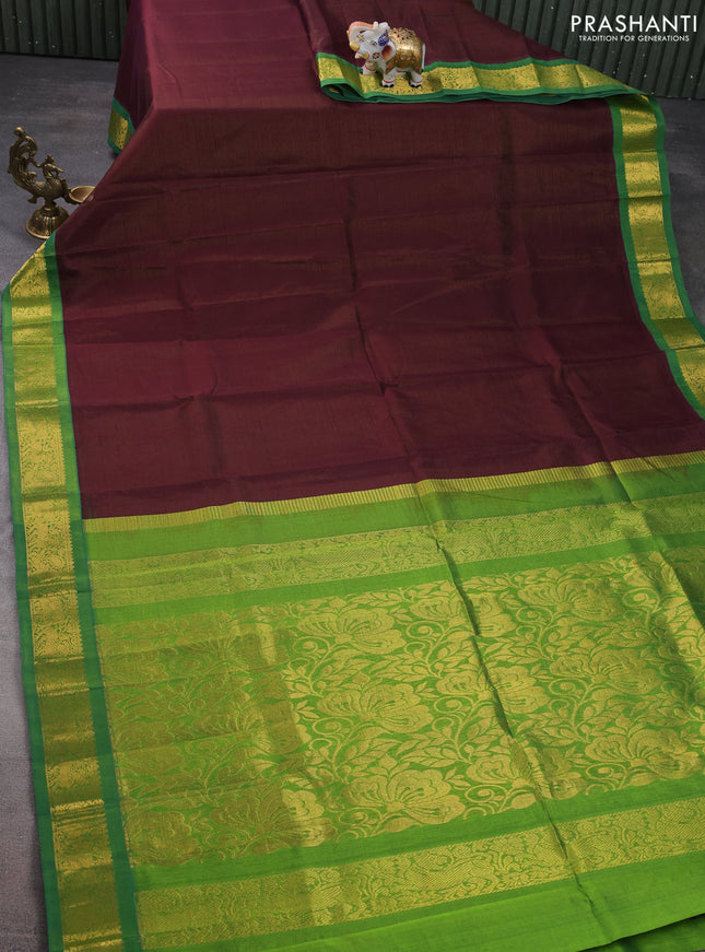 Silk cotton saree deep maroon and green with allover vairaosi pattern and zari woven korvai border