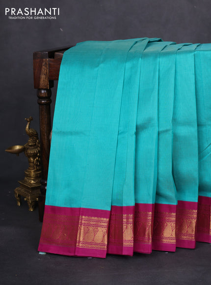 Silk cotton saree teal blue and magenta pink with allover vairaosi pattern and zari woven korvai border