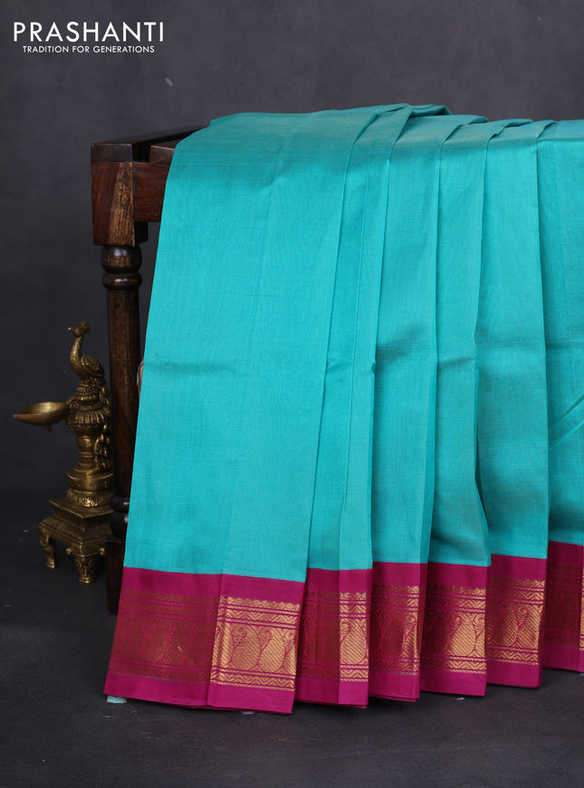 Silk cotton saree teal blue and magenta pink with allover vairaosi pattern and zari woven korvai border