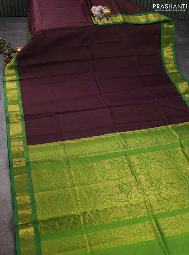 Silk cotton saree deep wine shade and green with allover vairaosi pattern and zari woven korvai border