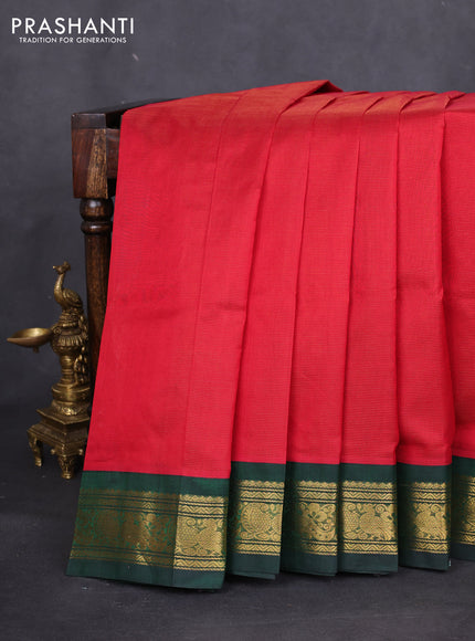 Silk cotton saree red and dark green with allover vairaosi pattern and zari woven korvai border