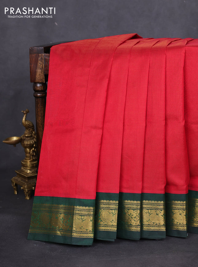Silk cotton saree red and dark green with allover vairaosi pattern and zari woven korvai border