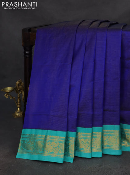 Silk cotton saree blue and teal green with allover vairaosi pattern and zari woven korvai border