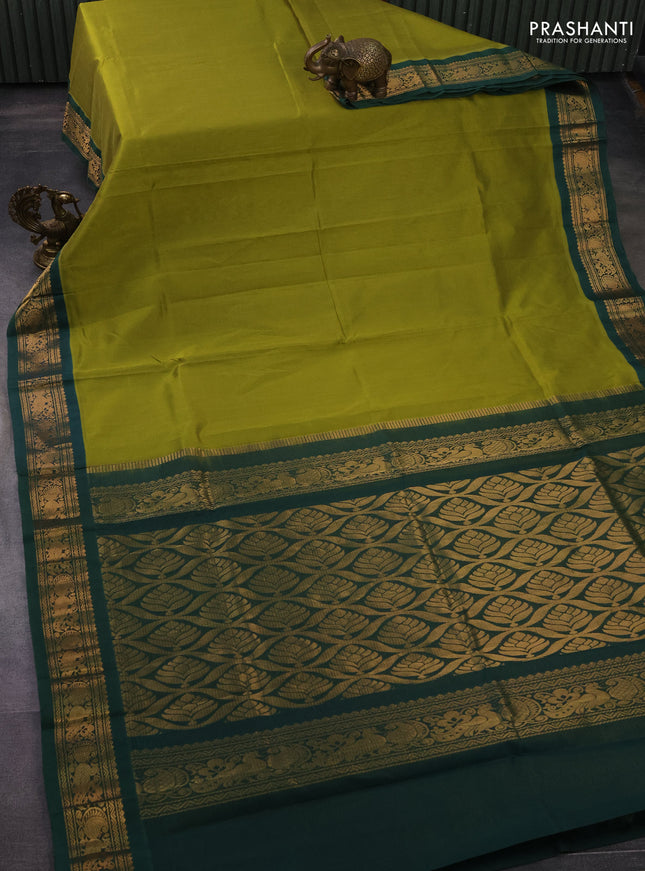Silk cotton saree lime green and dark green with allover vairaosi pattern and zari woven korvai border