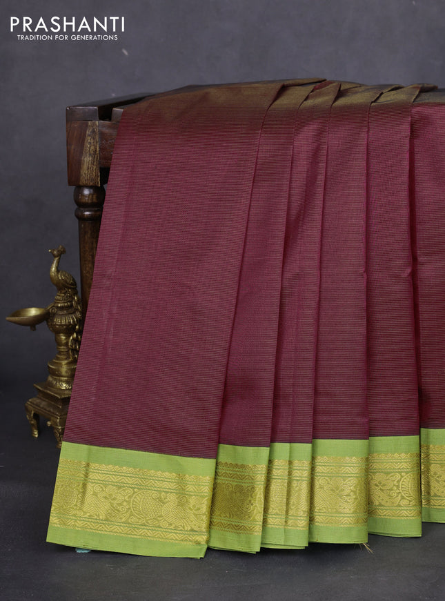 Silk cotton saree maroon and light green with allover vairaosi pattern and zari woven korvai border