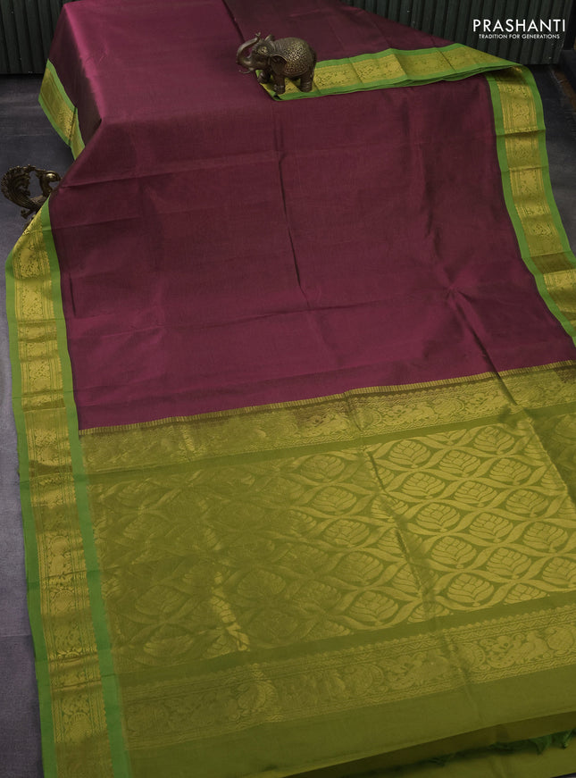 Silk cotton saree maroon and light green with allover vairaosi pattern and zari woven korvai border