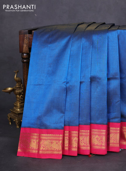 Silk cotton saree peacock blue and pink with allover vairaosi pattern and zari woven korvai border