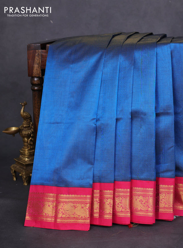 Silk cotton saree peacock blue and pink with allover vairaosi pattern and zari woven korvai border