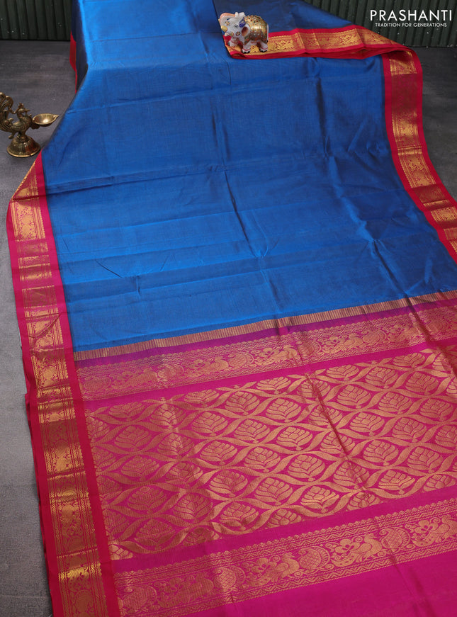 Silk cotton saree peacock blue and pink with allover vairaosi pattern and zari woven korvai border