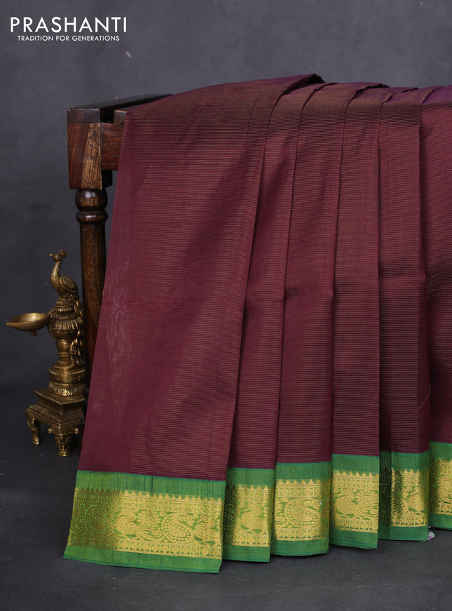 Silk cotton saree deep maroon and green with allover vairaosi pattern and zari woven korvai border