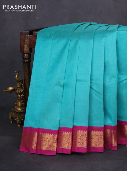Silk cotton saree teal blue and magenta pink with allover vairaosi pattern and zari woven korvai border