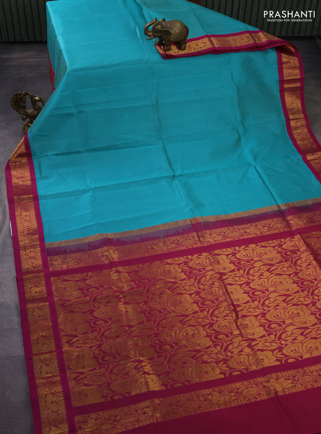 Silk cotton saree teal blue and magenta pink with allover vairaosi pattern and zari woven korvai border