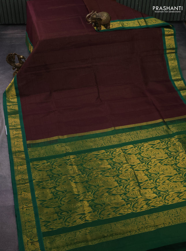 Silk cotton saree brown and green with allover vairaosi pattern and zari woven korvai border