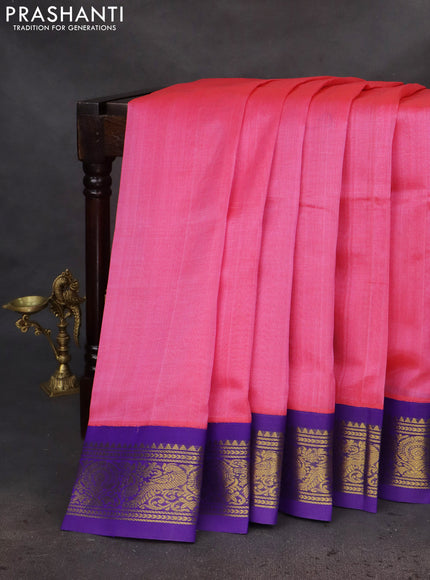 Silk cotton saree candy pink and blue with plain body and zari woven korvai border