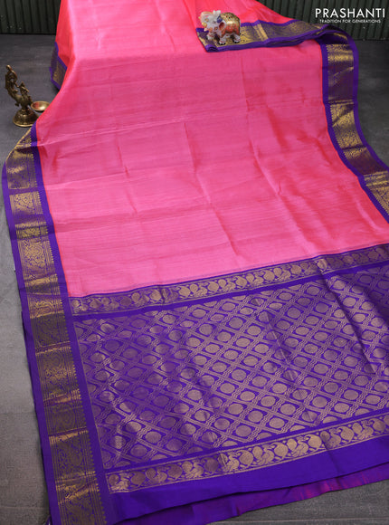 Silk cotton saree candy pink and blue with plain body and zari woven korvai border