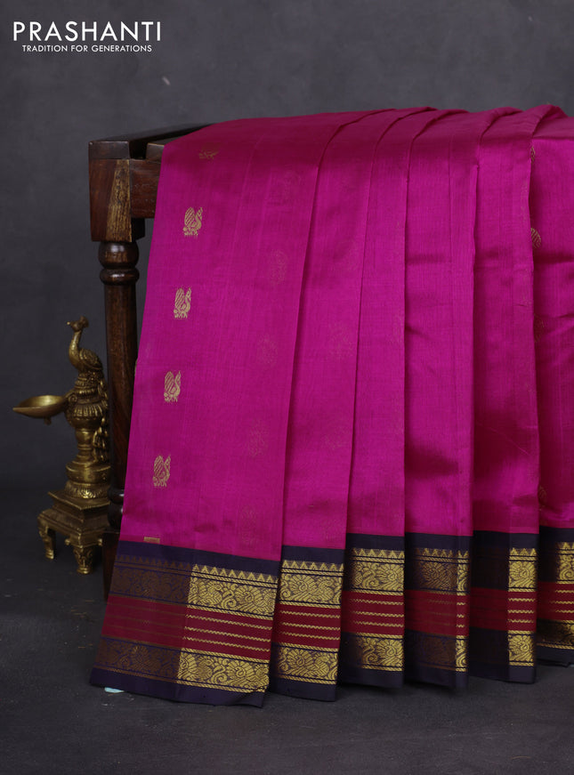 Silk cotton saree pink and dark blue with annam & rushraksha zari woven buttas and zari woven korvai border