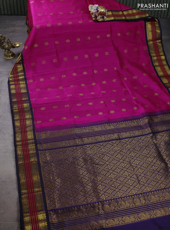 Silk cotton saree pink and dark blue with annam & rushraksha zari woven buttas and zari woven korvai border