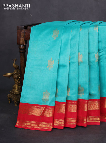 Silk cotton saree teal blue and red with zari woven buttas and zari woven korvai border