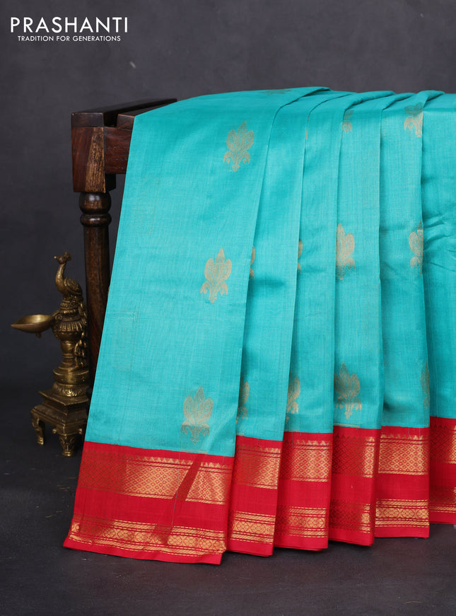 Silk cotton saree teal blue and red with zari woven buttas and zari woven korvai border