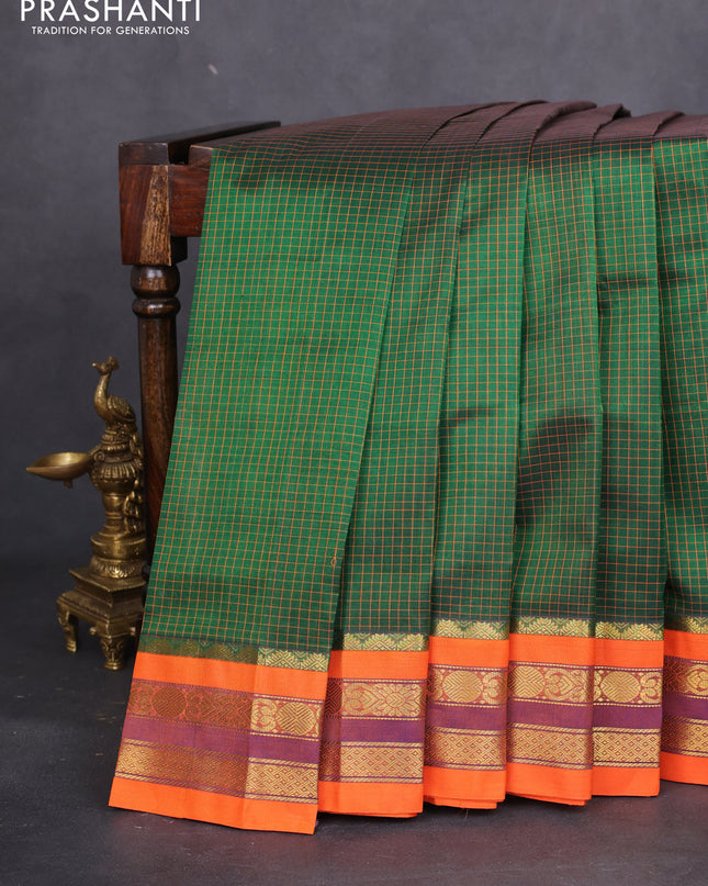Silk cotton saree green and orange with allover thread checked pattern and zari woven korvai border