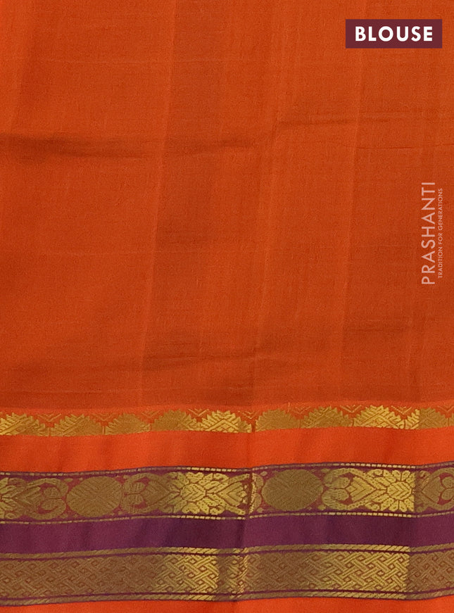 Silk cotton saree green and orange with allover thread checked pattern and zari woven korvai border