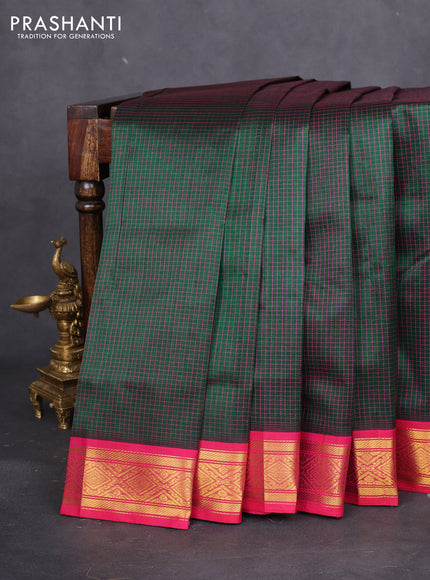 Silk cotton saree bottle green and pink with allover thread checked pattern and zari woven korvai border
