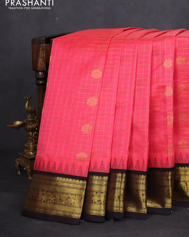 Silk cotton saree peach pink and wine shade with allover zari checks & buttas and temple design zari woven korvai border