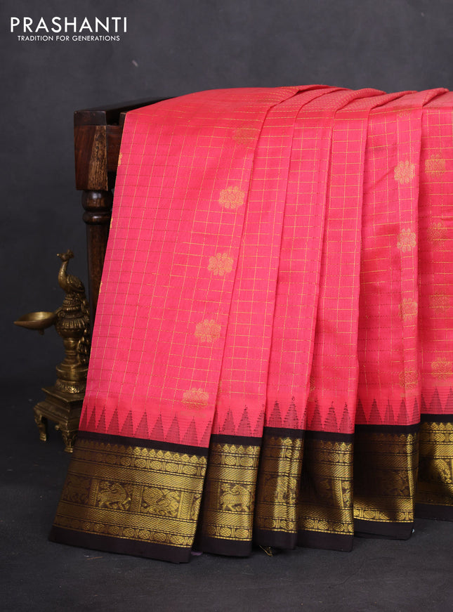 Silk cotton saree peach pink and wine shade with allover zari checks & buttas and temple design zari woven korvai border