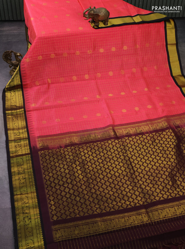 Silk cotton saree peach pink and wine shade with allover zari checks & buttas and temple design zari woven korvai border
