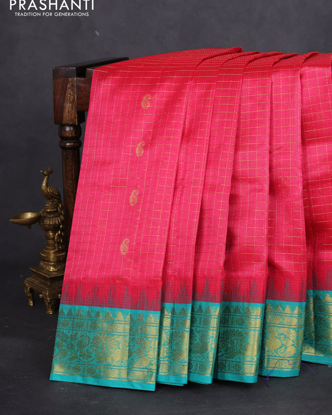 Silk cotton saree pink and teal blue with allover zari checks & buttas and temple design zari woven korvai border
