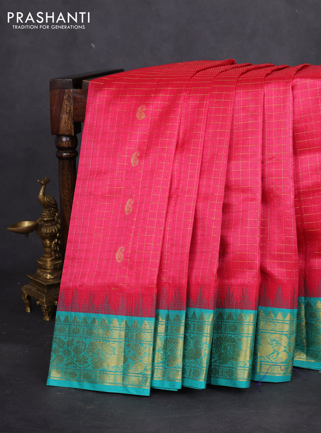 Silk cotton saree pink and teal blue with allover zari checks & buttas and temple design zari woven korvai border