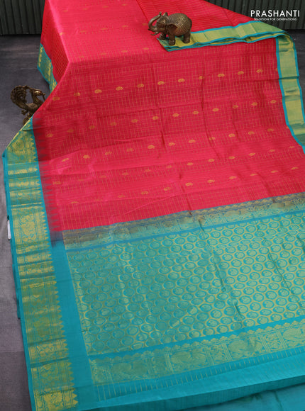 Silk cotton saree pink and teal blue with allover zari checks & buttas and temple design zari woven korvai border