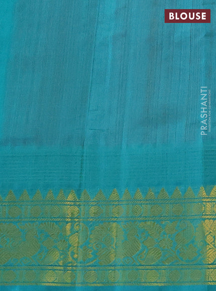 Silk cotton saree pink and teal blue with allover zari checks & buttas and temple design zari woven korvai border