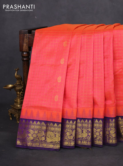 Silk cotton saree peach shade and purple with allover zari checks & buttas and temple design zari woven korvai border