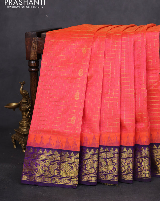 Silk cotton saree peach shade and purple with allover zari checks & buttas and temple design zari woven korvai border