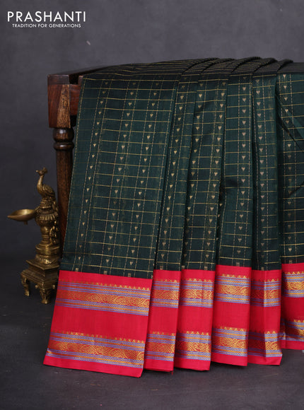 Silk cotton saree bottle green and red with allover zari checks & buttas and rettapet zari woven border