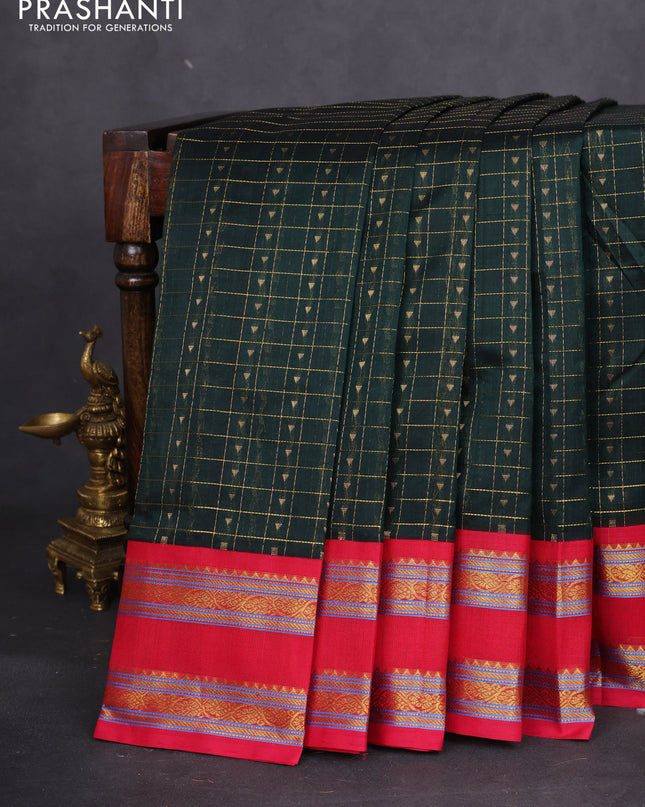 Silk cotton saree bottle green and red with allover zari checks & buttas and rettapet zari woven border