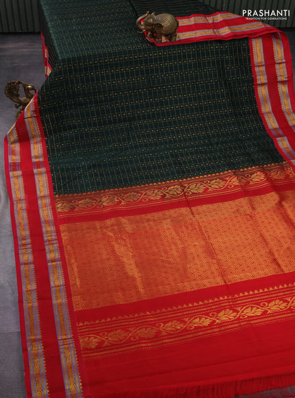 Silk cotton saree bottle green and red with allover zari checks & buttas and rettapet zari woven border