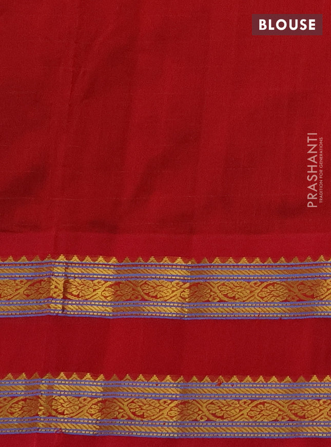 Silk cotton saree bottle green and red with allover zari checks & buttas and rettapet zari woven border