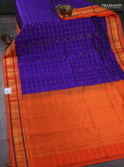 Silk cotton saree blue and orange with allover zari checks & buttas and zari woven korvai border
